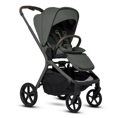 Compact silver cross stroller in pewter color with a dark frame, adjustable canopy, and padded seat.
