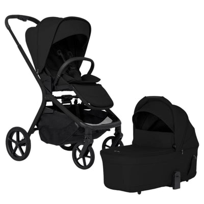 Silver Cross Breez Modular Stroller and Bassinet Bundle in Onyx, featuring a black stroller with adjustable seat and bassinet attachment.