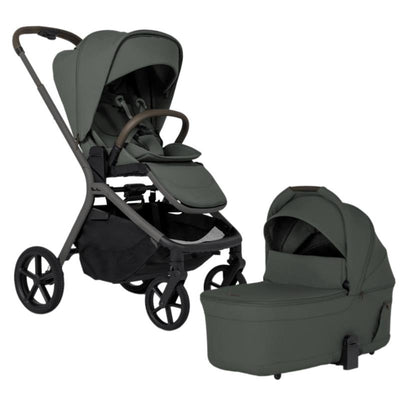 Silver Cross Breez Modular Stroller & Bassinet Bundle in Pewter; features a sleek, dark grey stroller and matching bassinet.