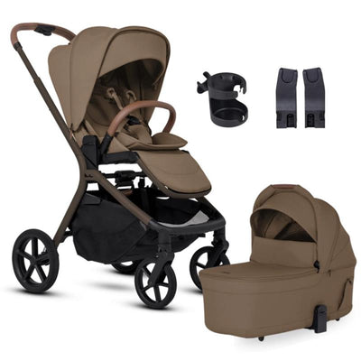 Silver Cross Breez Modular Stroller in Maple, featuring a stroller seat, bassinet, cup holder, and connectors.