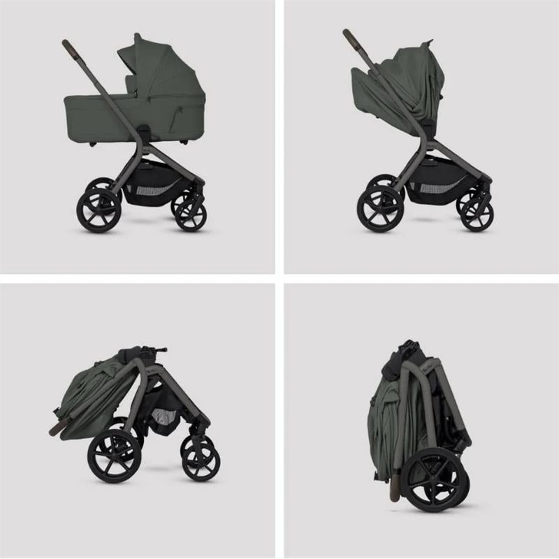 Silver Cross Breez Overnight Approved Folding Bassinet in pewter color shown in various angles, including folded and unfolded views.