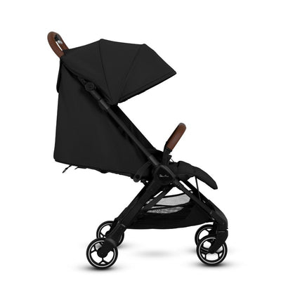 Clic Lightweight Stroller by Silver Cross in black, featuring a compact design, adjustable canopy, and brown handle.