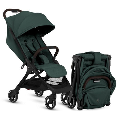 Lightweight Silver Cross Clic stroller in Conifer green, with adjustable seat and compact folded design beside it.