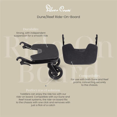 Silver Cross Dune/Reef Ride-On-Board showing a sturdy board with wheels and removable seat, designed for toddlers to use with prams.