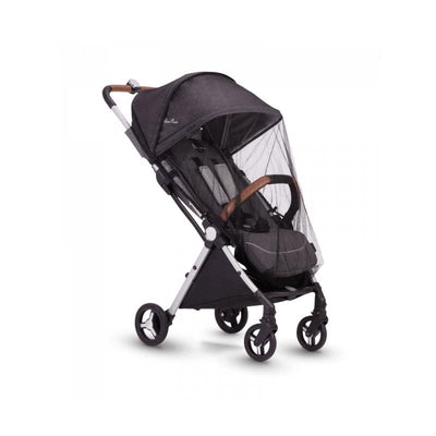 Silver Cross Jet 5 stroller with a fitted mosquito net, featuring a black fabric seat and brown grip handle.