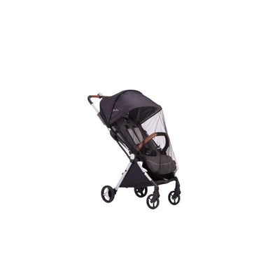 Silver Cross Jet 5 stroller with a mosquito net, featuring a dark fabric canopy and a compact design for travel.