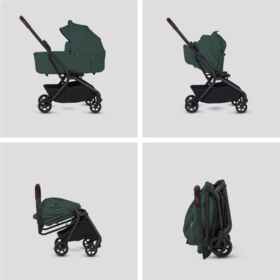 Silver Cross Nia Compact Folding Bassinet in Conifer color, shown in four angles, highlighting its folding mechanism and design.