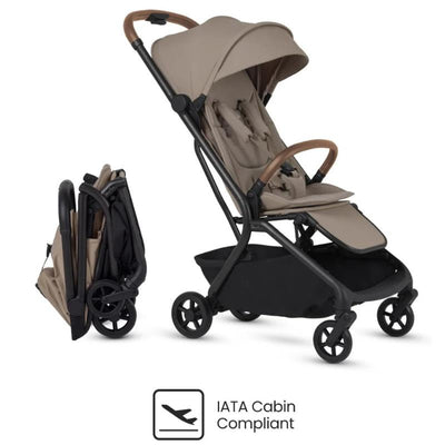Silver Cross Nia Compact Travel Stroller in Champagne, featuring a lightweight design, adjustable handle, and IATA cabin compliant logo.