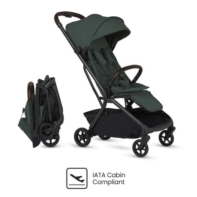 Silver Cross Nia Compact Travel Stroller in Conifer color, featuring a folding design and IATA cabin compliant icon.