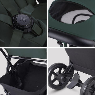 Compact travel stroller with a Conifer green fabric, featuring a harness, mesh peek-a-boo window, storage basket, and wheels.