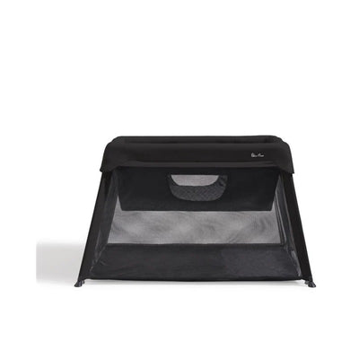 3-in-1 travel crib by Silver Cross, featuring a black mesh design for use as a crib, bassinet, and playard.