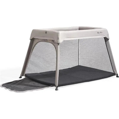 Silver Cross Sleep & Go Travel Crib in Stone color, featuring a mesh design and removable floor mat for travel convenience.