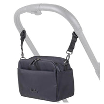 Black Silver Cross Universal Parent Stroller Organizer attached to a stroller handle, featuring a zippered top and an exterior pocket.