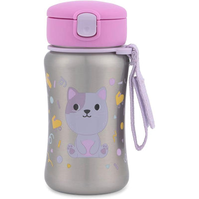 Toddler sippy cup with a cat design, featuring a purple lid, gray stainless steel body, and a carrying strap.