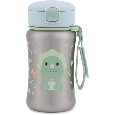 Toddler sippy cup with a dinosaur design and a straw, featuring playful decorations in pastel colors.