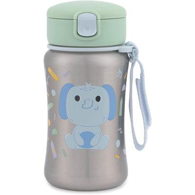 Toddler sippy cup featuring a cartoon elephant design, a green lid, and a carrying strap; holds 12oz.