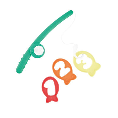 Green fishing rod with three colorful fish-shaped bath toys in orange, red, and yellow visible.