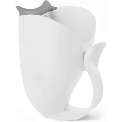 White whale-shaped bath rinser with a gray spout, designed for rinsing water during baby baths.