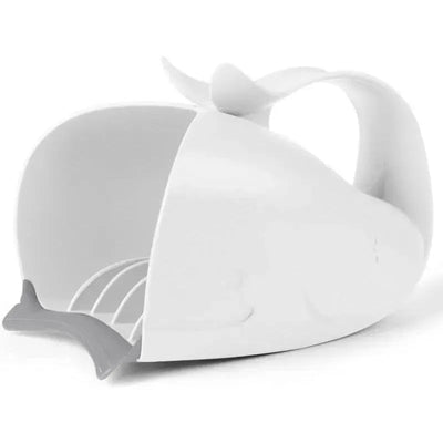 White whale-shaped bath rinser with a handle and a spout, designed for pouring water over babies during bath time.