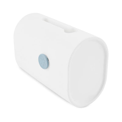 Soft silicone baby bath spout cover in white with a light blue adjustable button for faucet safety.