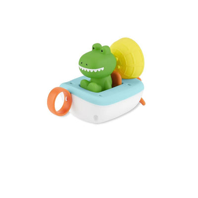 Skip Hop Baby Bath Toy Croc The Boat featuring a green croc with a yellow water wheel in a colorful boat.