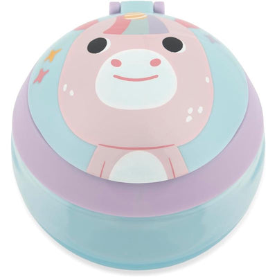 Skip Hop Baby Snack Container in the shape of a unicorn, featuring pastel colors and a cute unicorn face design.
