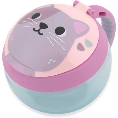 Skip Hop Baby Snack Container in a cat design, featuring a pink lid with a cat face and a light blue container body.