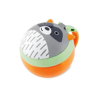 Raccoon-shaped snack cup with an orange base and green lid, featuring playful eyes and ears for children.