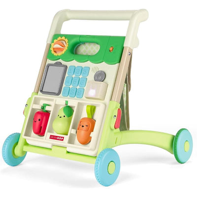 5-in-1 Sit to Stand Baby Walker features a colorful design with interactive elements, including fruits and a keypad.