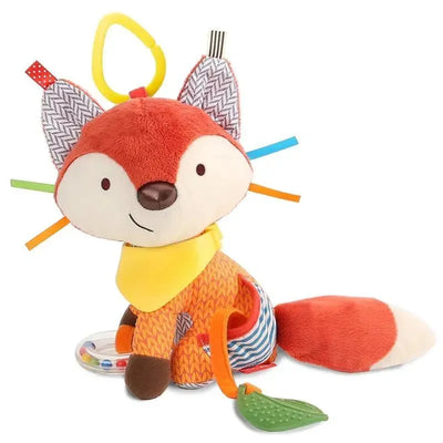 Skip Hop Bandana Buddies Stroller Toy features a plush fox character with colorful tags and a teething leaf.