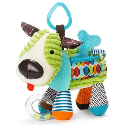 Colorful plush dog stroller toy with various textures, features a teething ring and an attached clip for easy access.