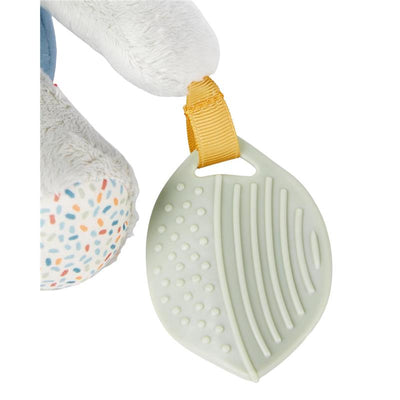Soft elephant baby activity toy with a textured teether attached by a yellow strap.