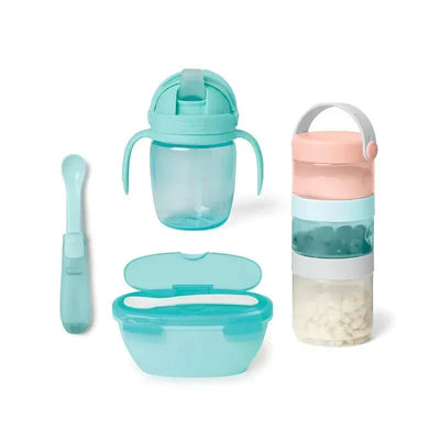 Mealtime feeding set in teal and grey, featuring a sippy cup, spoon, stackable containers, and a divided dish.