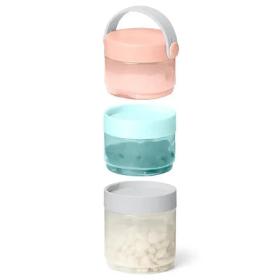 A stacking set of transparent food containers in teal, grey, and pink, designed for mealtime storage.