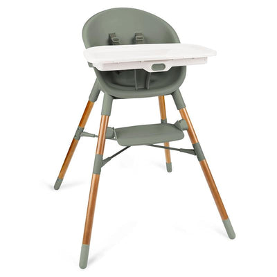 Skip Hop EON 4-in-1 Convertible High Chair in Thyme, featuring a green seat, white tray, and wooden legs.
