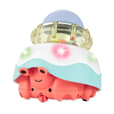 Colorful 3-in-1 Happy Hermit Crawl Toy featuring a pink hermit crab under a shell with lights and beads inside.