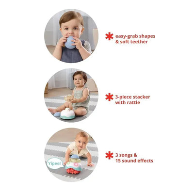 Crawl toy featuring three activities: soft teether ball, rattle stacker, and musical pull toy with sounds.