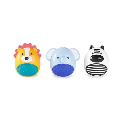 Colorful egg shakers in jungle animal designs: a lion, an elephant, and a zebra, each with textured bottoms.
