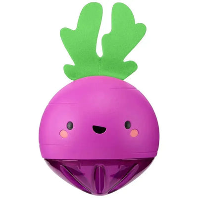 Farmstand Beetbox Crawl Ball, a smiling purple beet toy with a green leaf top, designed for crawling and play.