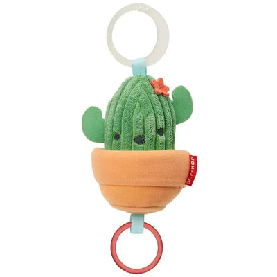 Soft cactus-shaped hanging toy from Skip Hop, featuring a smiling face, flower, and a pot base with a clip attachment.