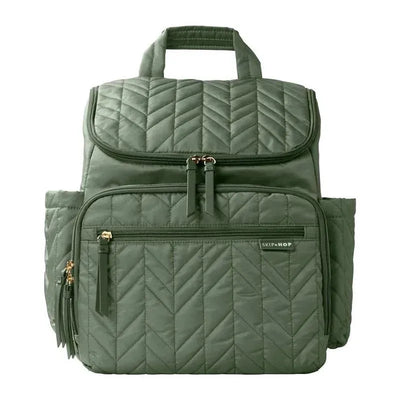 Sage green Skip Hop Forma Diaper Backpack featuring chevron quilting and multiple zippered pockets for organization.