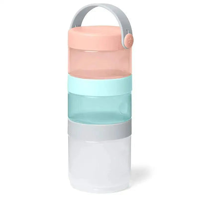 Teal and grey Skip Hop Formula To Food Container Set with a handle, featuring three stackable compartments in pink, teal, and grey.