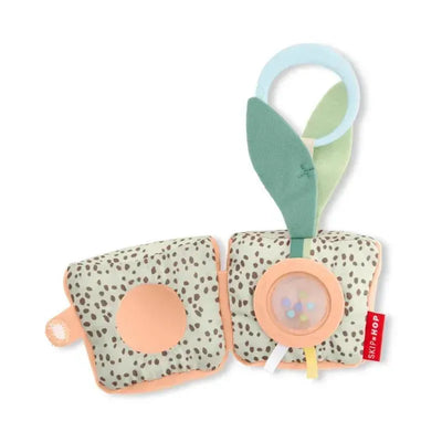 Garden Oasis Stroller Toy by Skip Hop, featuring soft fabric squares with a rattle and leaf details for sensory play.