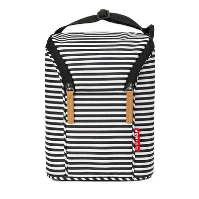 Grab & Go Double Bottle Bag in black and white stripes with leather zipper pulls and a Skip Hop logo.