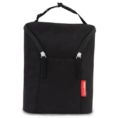 Grab & Go Double Bottle Bag by Skip Hop in black, featuring two zippered compartments and a handle for easy transport.