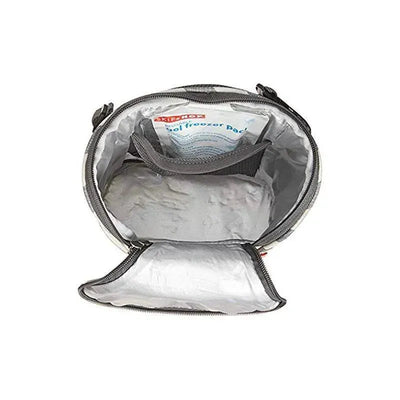 Black Skip Hop Grab & Go Double Bottle Bag with a silver insulated interior and a pocket for a freezer pack.
