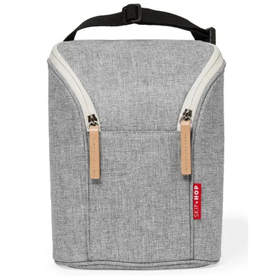 Grey melange Grab & Go Double Bottle Bag by Skip Hop featuring dual zippers and a top handle for easy carrying.