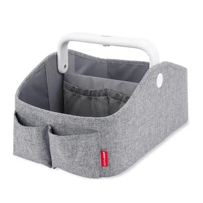 Diaper caddy organizer in heather grey with a white handle, featuring side pockets and a mesh compartment inside.
