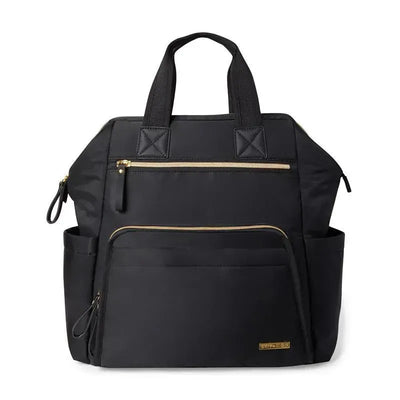 Black Skip Hop Mainframe Wide Open Diaper Backpack featuring multiple pockets and gold zipper accents.