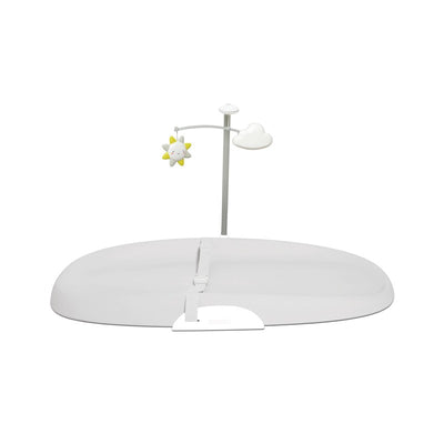 Wipe-clean grey changing pad with a sun and cloud mobile, designed for convenient diaper changes.
